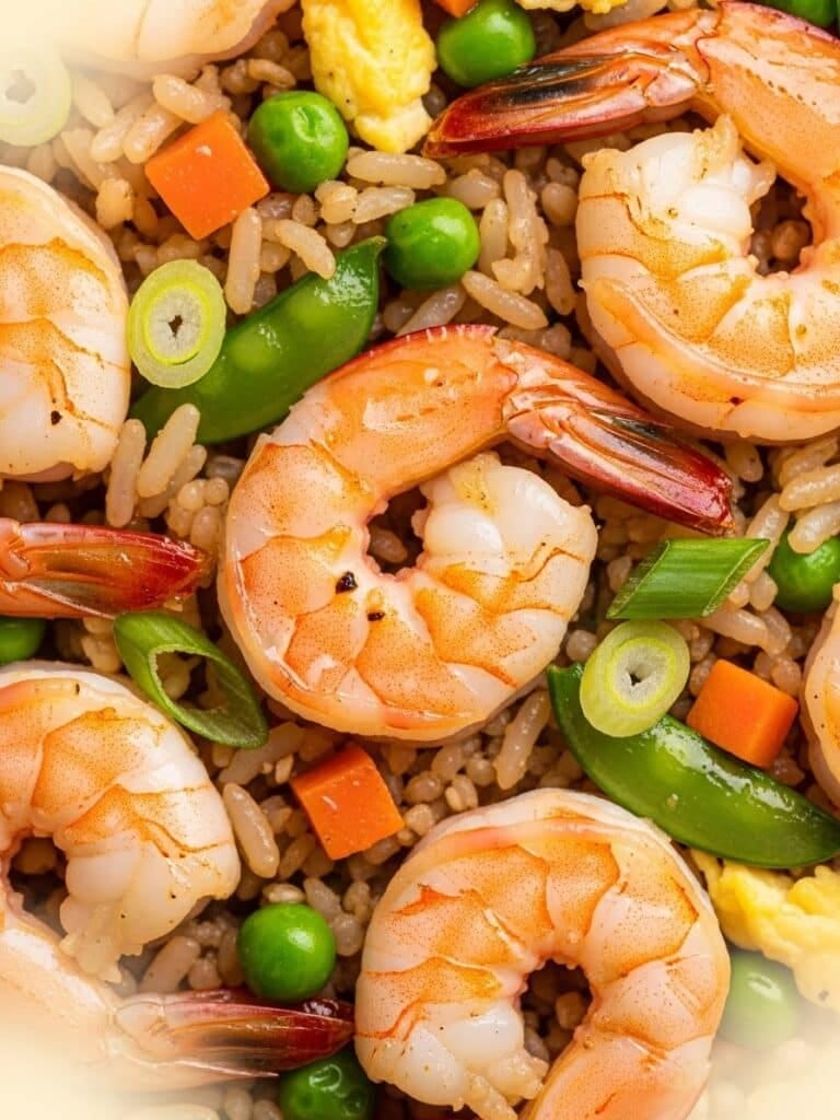 Close-up of Shrimp Fried Rice texture and shrimp detail