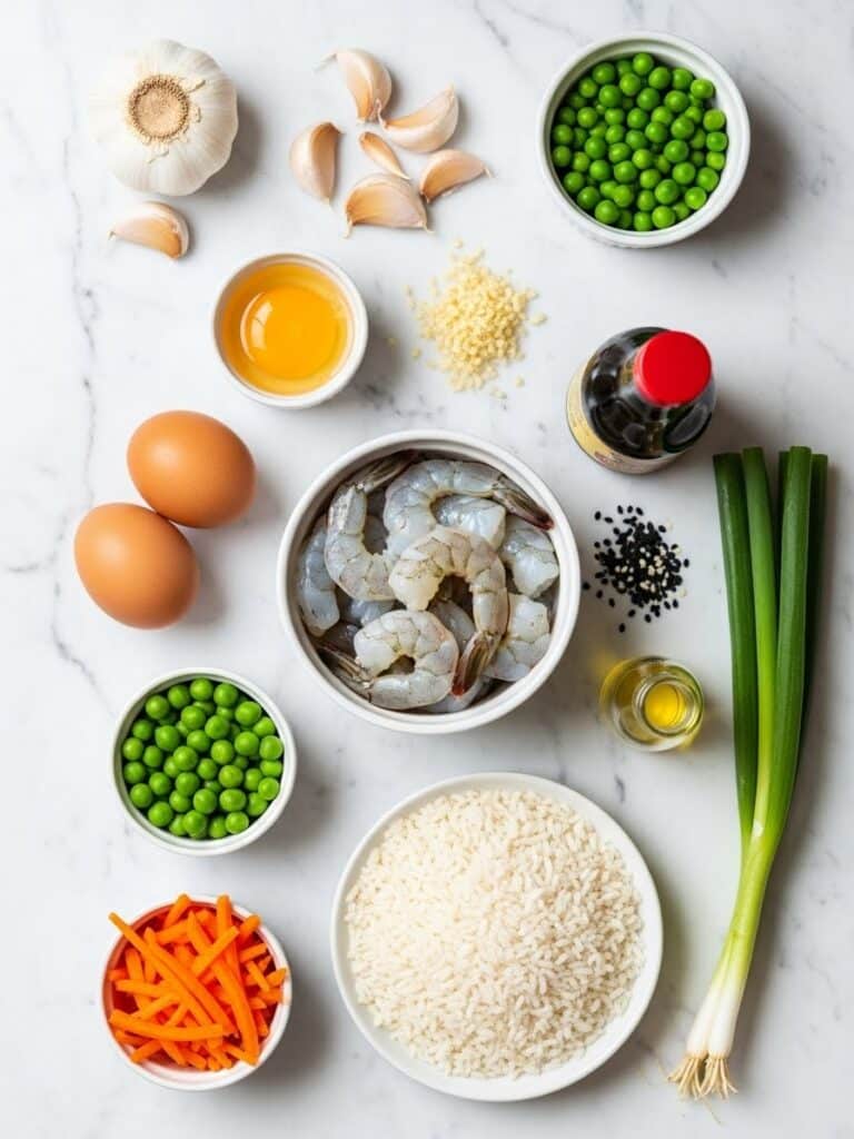 Flatlay of Shrimp Fried Rice ingredients on marble