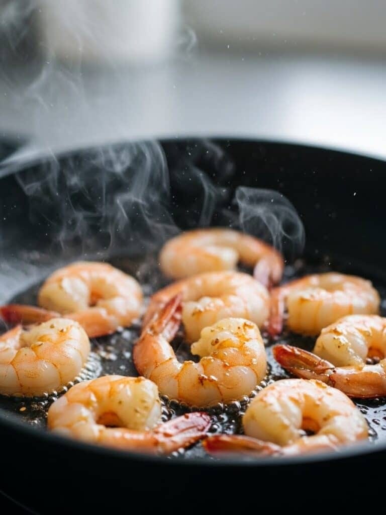 Shrimp cooking in skillet with sesame oil for Shrimp Fried Rice