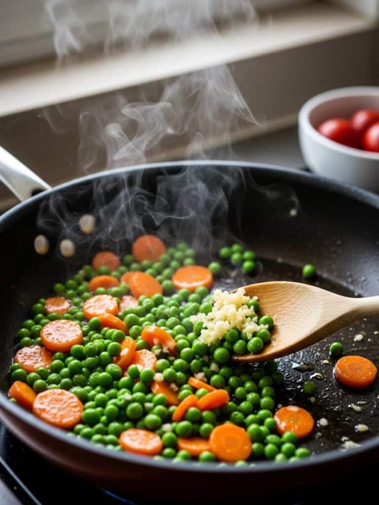 Sautéing peas, carrots, and garlic in skillet for Shrimp Fried Rice