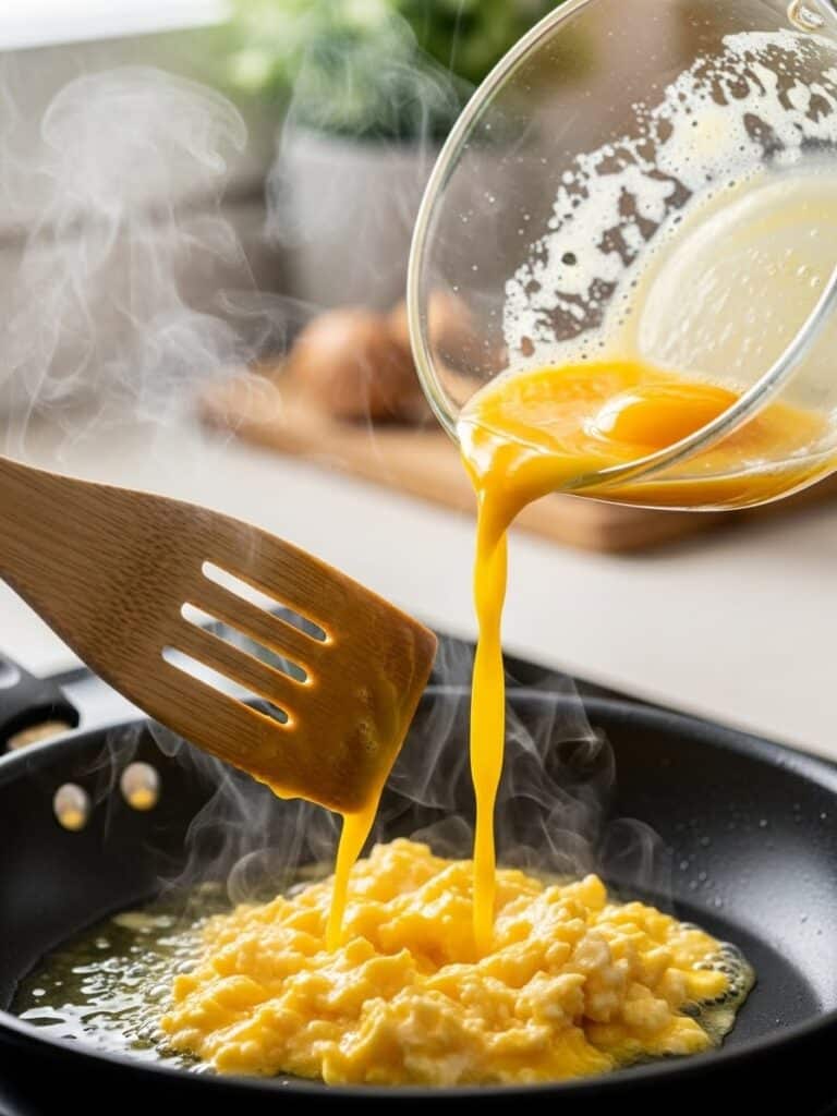 Scrambling eggs in skillet for Shrimp Fried Rice