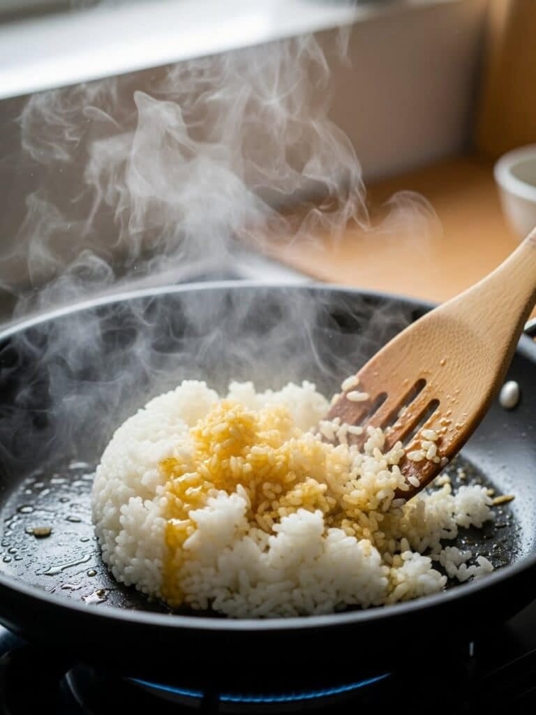 Frying cold white rice in skillet for Shrimp Fried Rice
