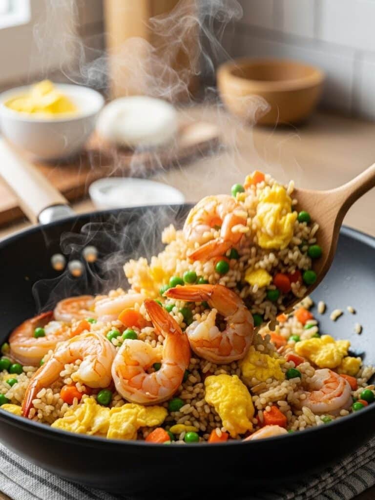 Combining shrimp, vegetables, and rice in wok for Shrimp Fried Rice