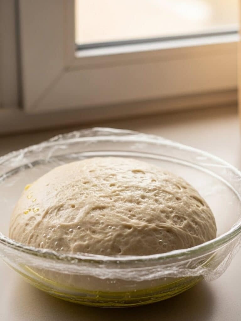 Homemade pizza dough resting in a covered bowl during first rise
