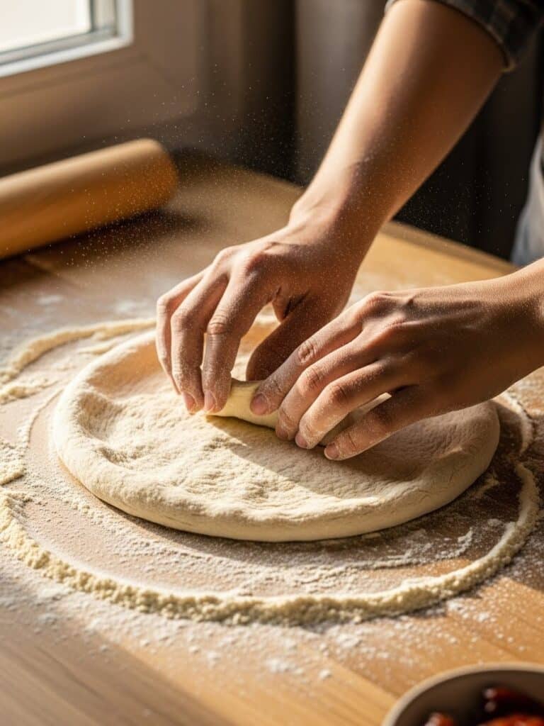 Hands shaping homemade pizza dough on floured surface