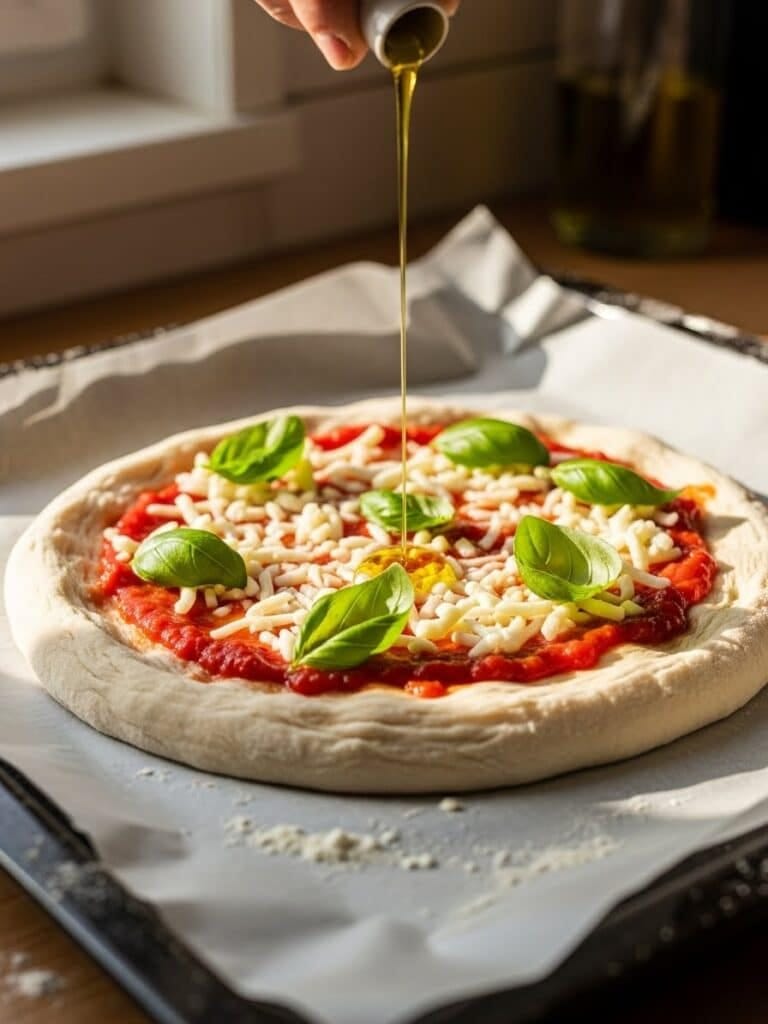 Topping homemade pizza dough with sauce, cheese, and basil before baking