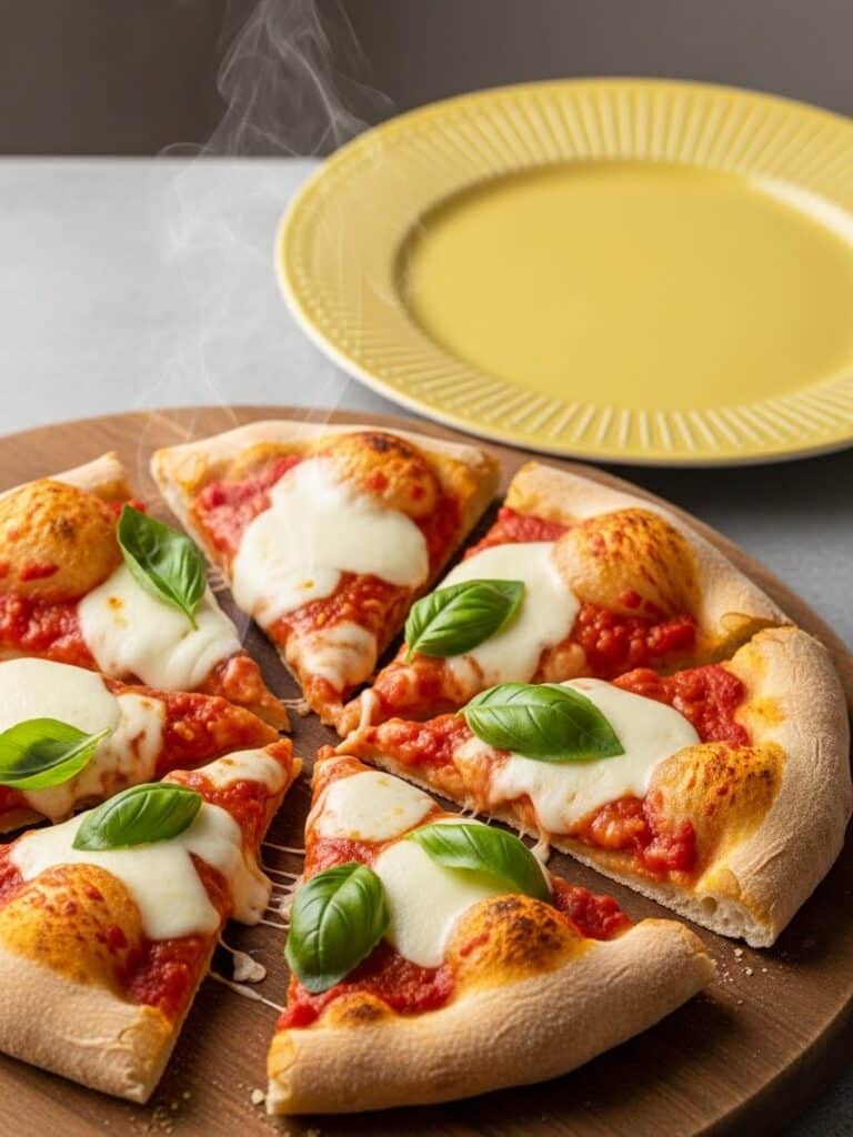 Freshly baked homemade pizza with golden crust and melted cheese