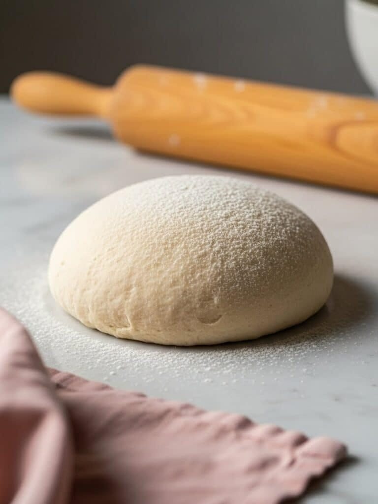 Ball of homemade pizza dough on floured marble countertop