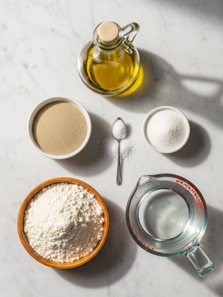 Flatlay of ingredients for homemade pizza dough
