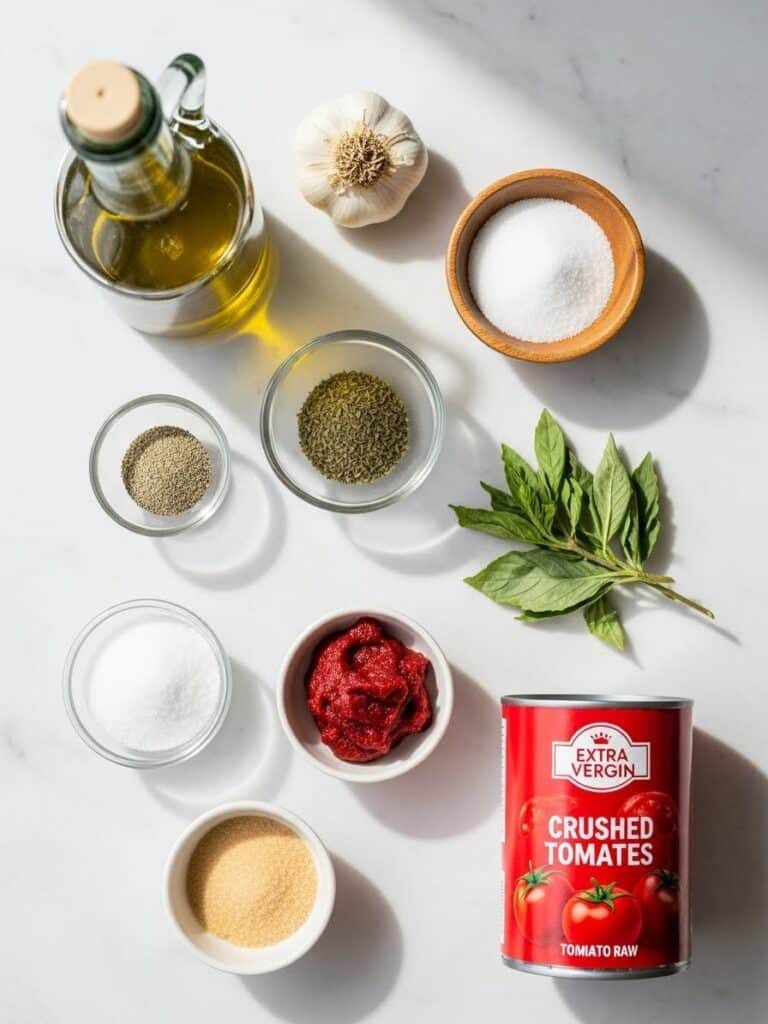 Ingredients for Homemade Pizza Sauce flat lay on marble background