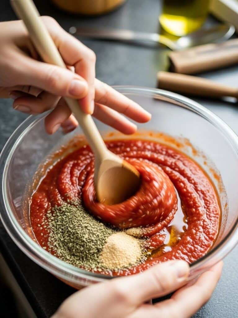 Hands mixing ingredients for homemade pizza sauce in glass bowl