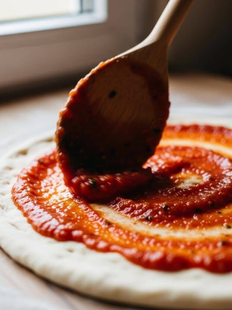 Spreading homemade pizza sauce on pizza dough with a wooden spoon