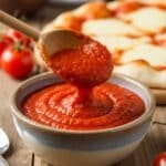 Bowl of homemade pizza sauce with wooden spoon lifting a scoop