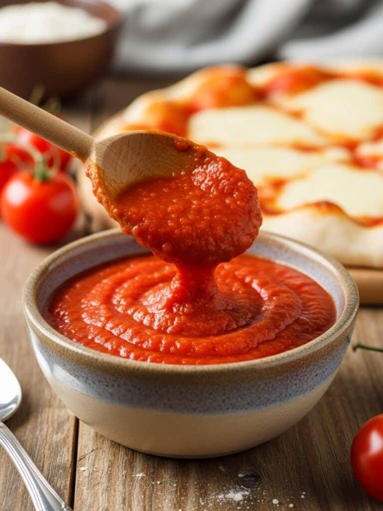 Bowl of homemade pizza sauce with wooden spoon lifting a scoop