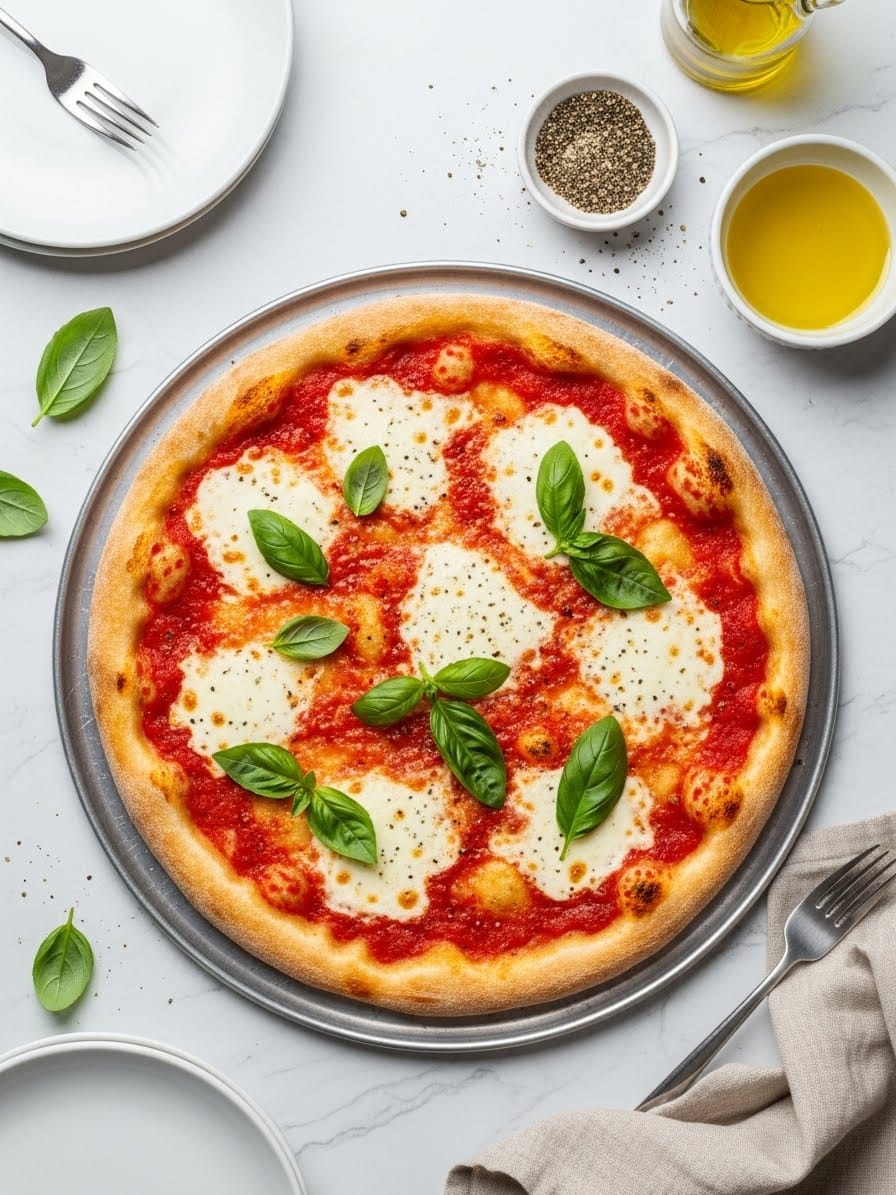 Homemade cheese pizza with tomato sauce, melted cheese, and fresh basil on a golden crust