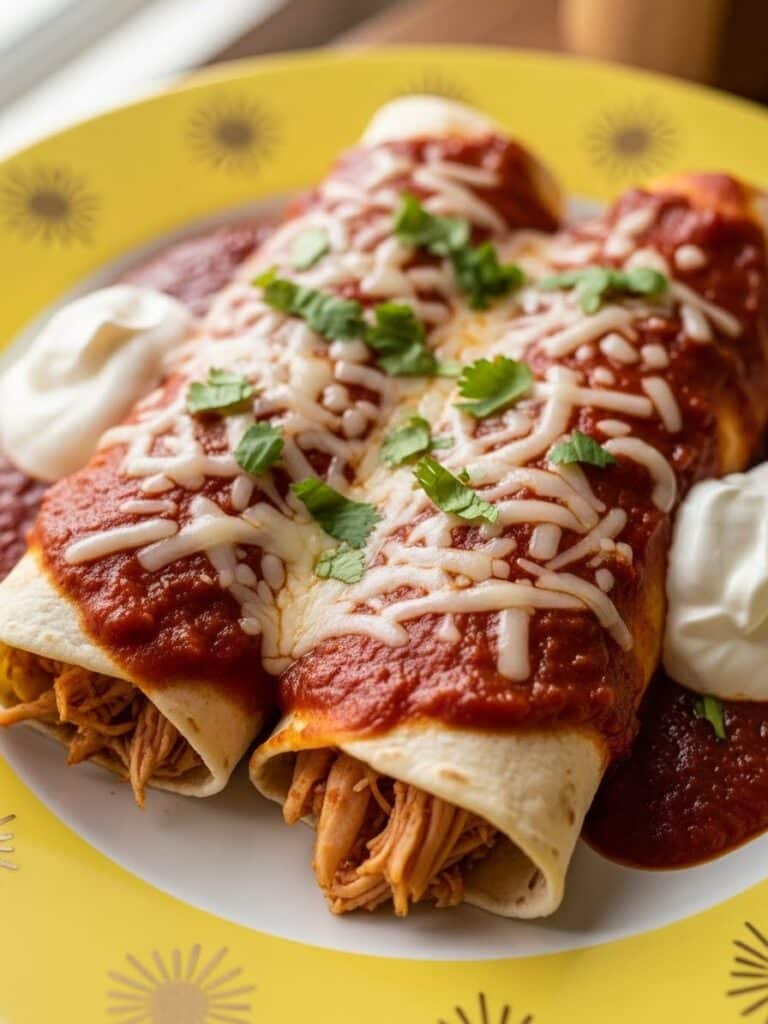 Chicken Enchiladas served on a yellow plate with golden sunbursts