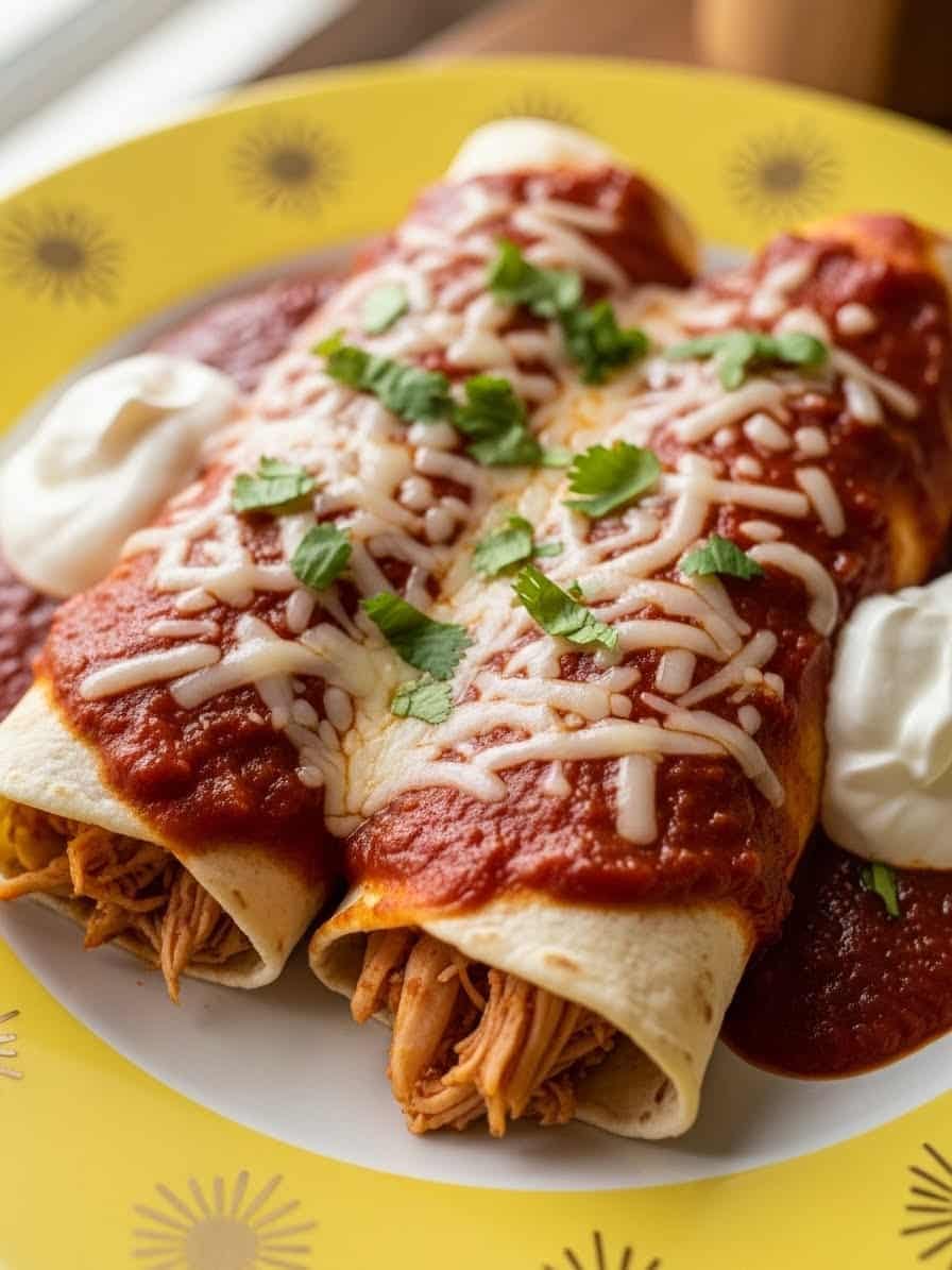 Chicken Enchiladas served on a yellow plate with golden sunbursts