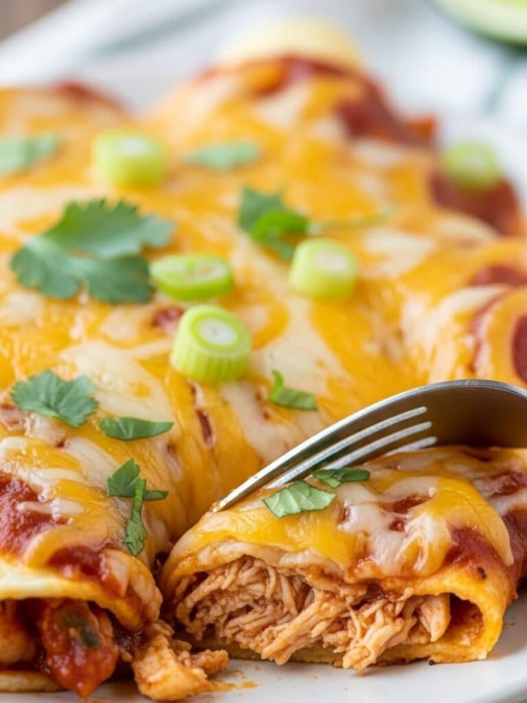 Close-up texture shot of Chicken Enchiladas