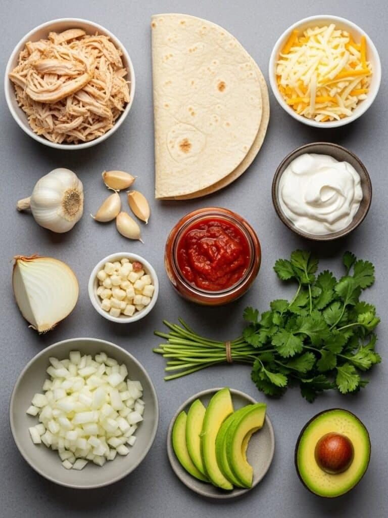 Flatlay of Chicken Enchiladas ingredients