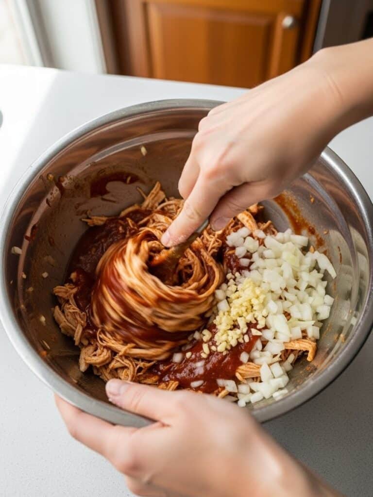 Stirring shredded chicken with enchilada sauce in skillet