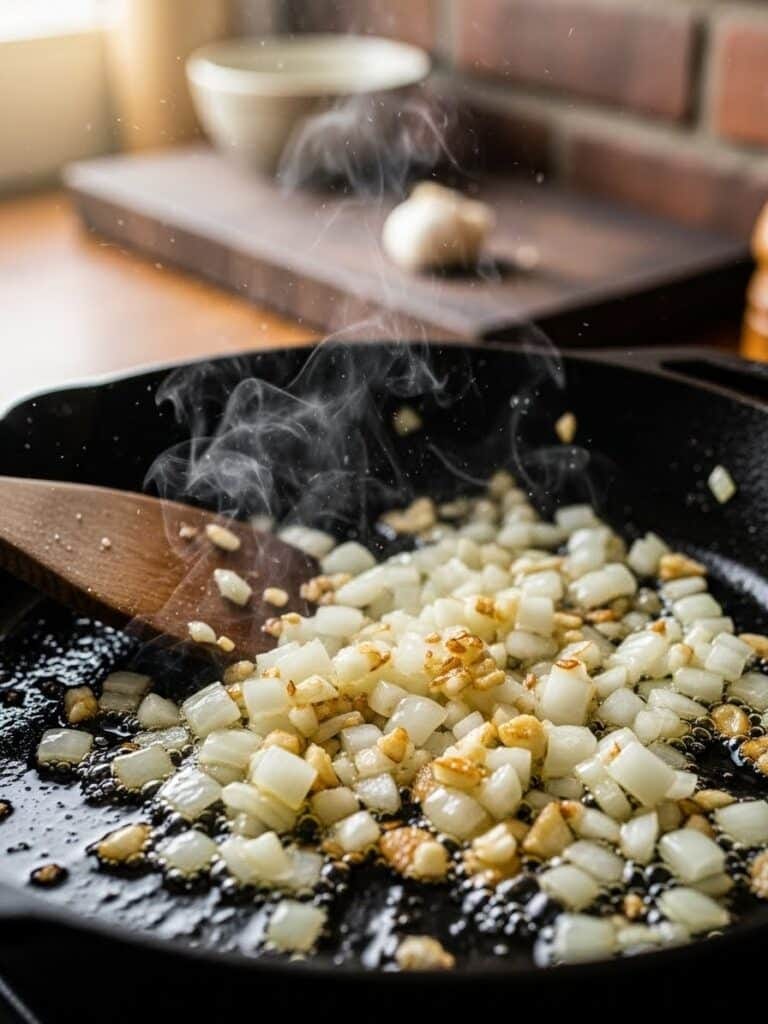 Cooking onions and garlic for Chicken Enchiladas in a skillet