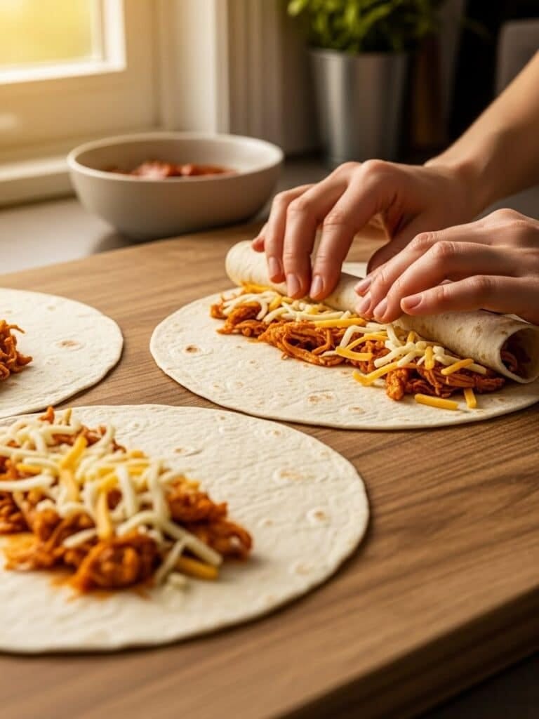 Filling and rolling Chicken Enchiladas with chicken and cheese