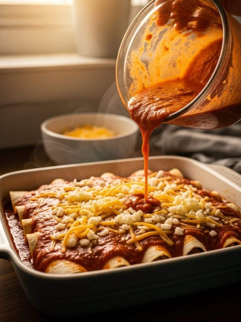 Pouring enchilada sauce and cheese over Chicken Enchiladas before baking
