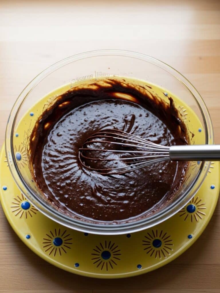 Glossy brownie batter in mixing bowl