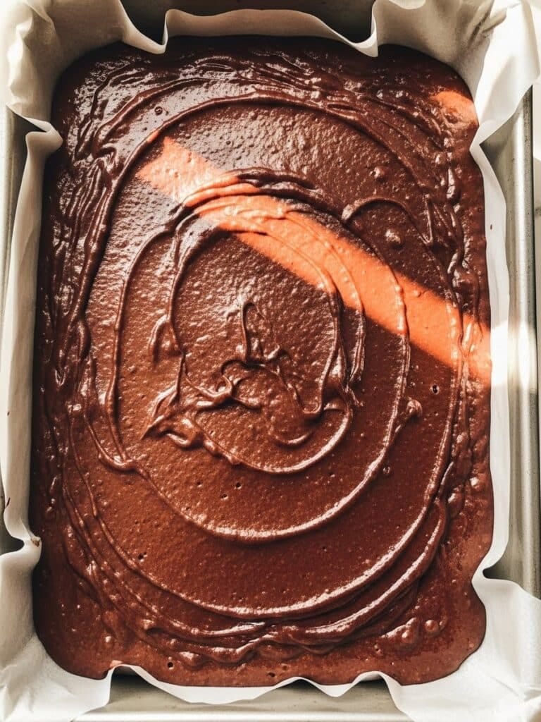 Brownie batter spread in pan