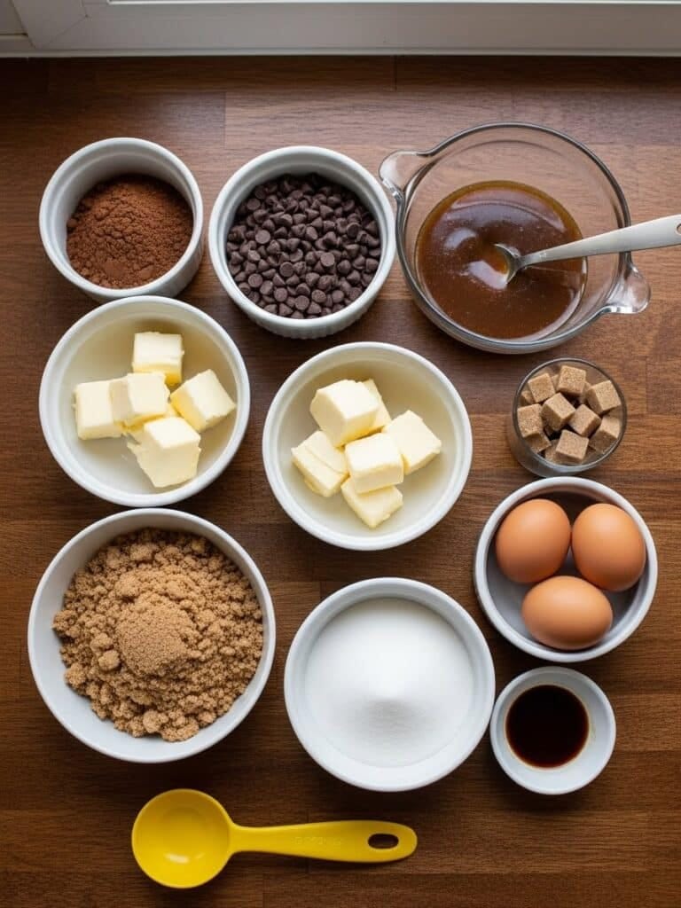 Brookies ingredients flat lay with cocoa, butter, sugar, and chocolate chips