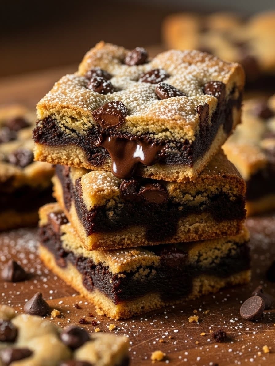 Brookies cut into squares showing cookie and brownie layers