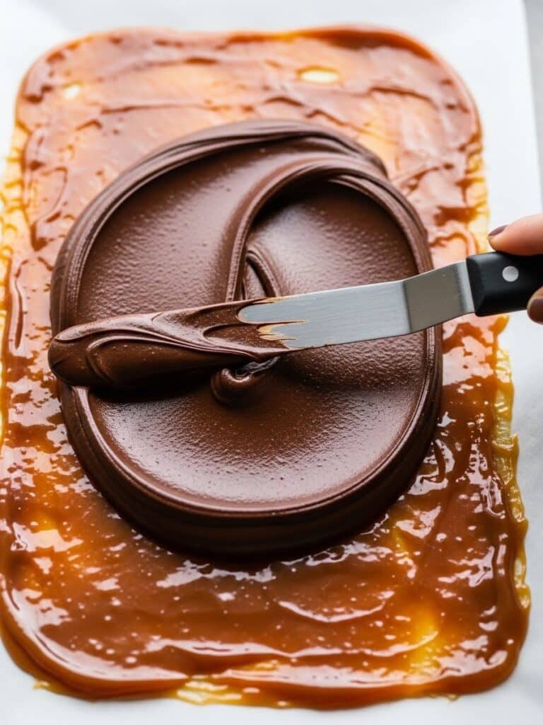 Spreading chocolate ganache on caramel