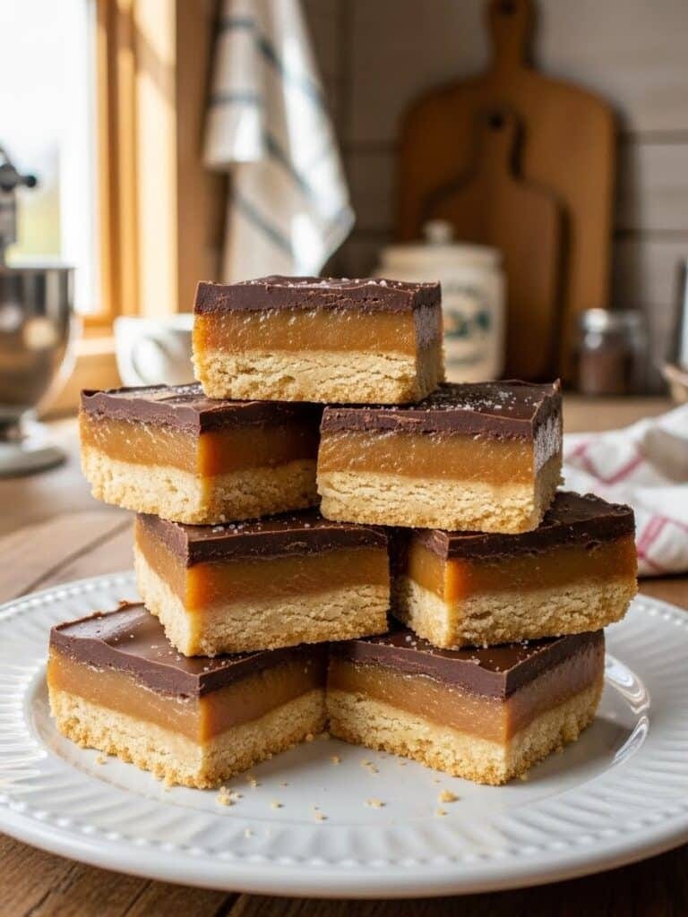 Millionaire’s Shortbread bars stacked on a plate