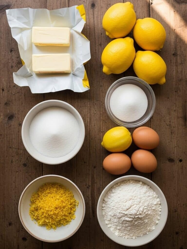 Lemon bar ingredients arranged on a wooden table