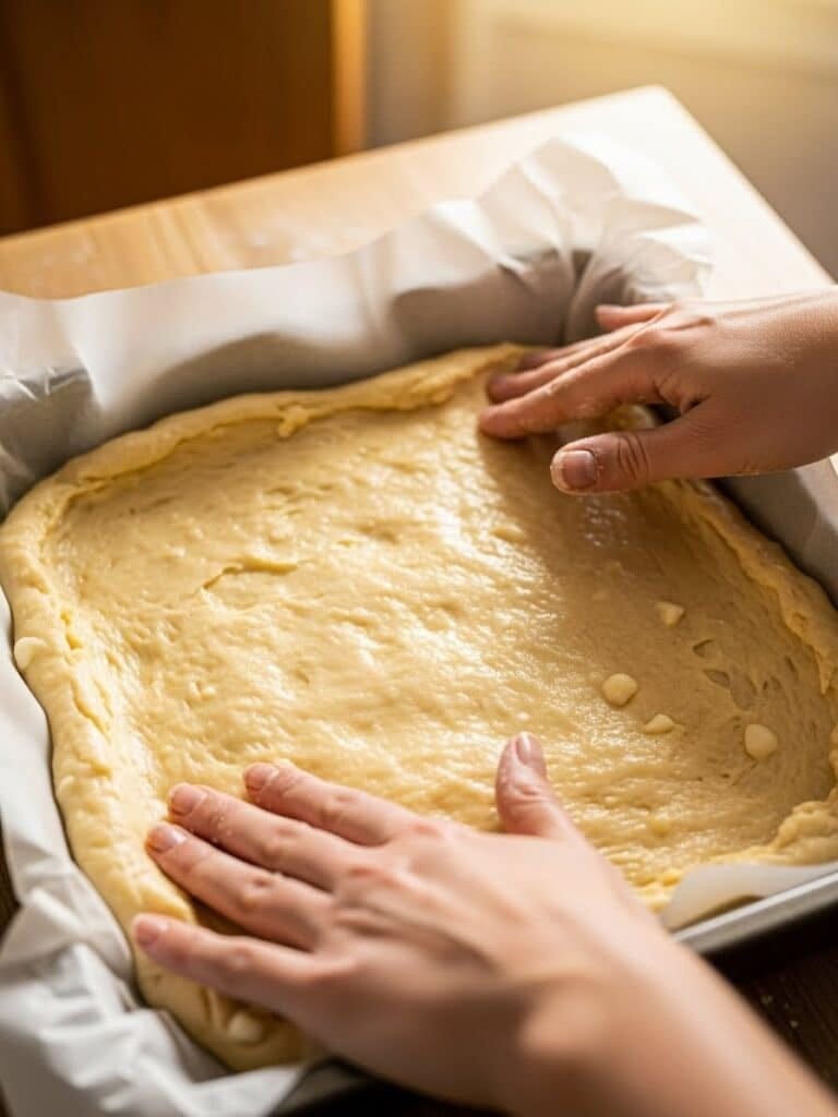 Pressing shortbread crust into a parchment-lined pan