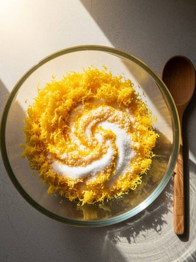 Mixing lemon zest and sugar in a bowl for lemon bars