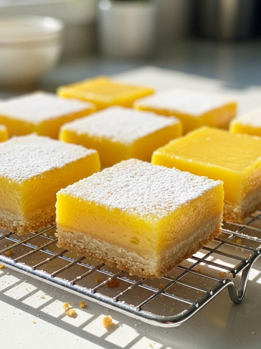 Cooling baked lemon bars dusted with powdered sugar