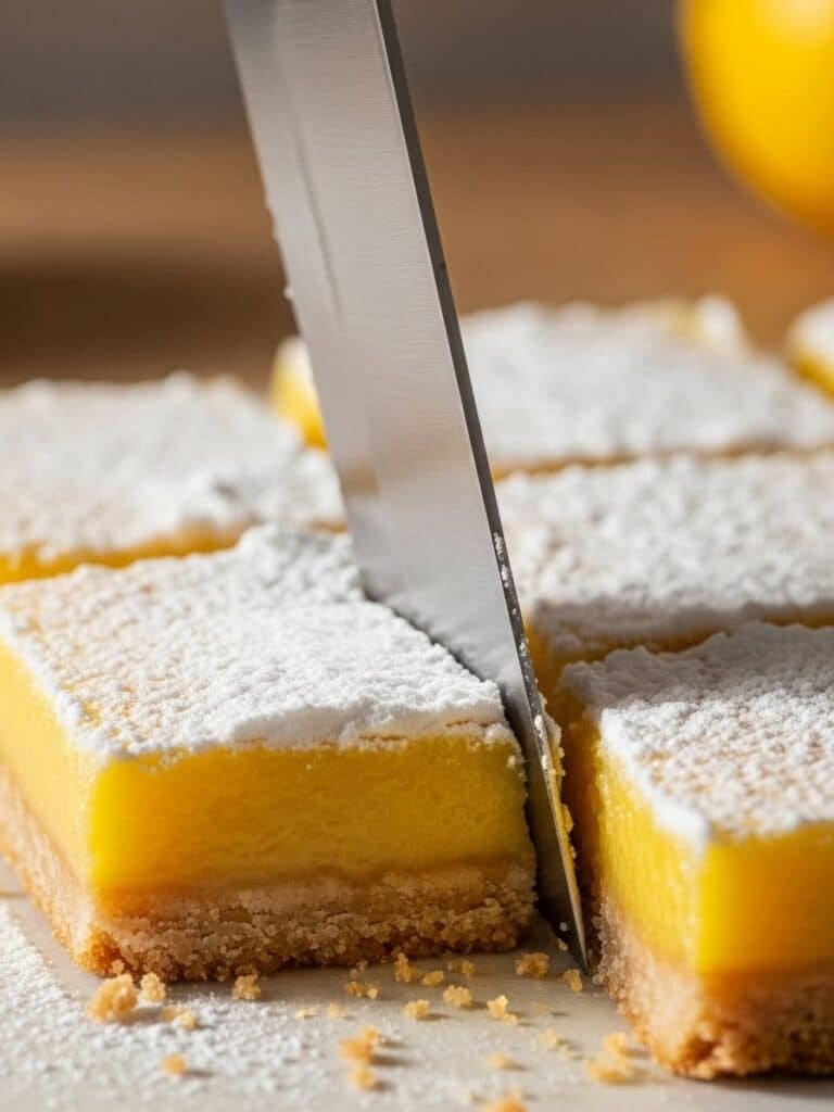 Slicing chilled lemon bars cleanly with a knife