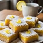 Lemon bars served with coffee and lemon slice