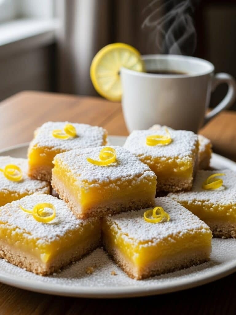 Lemon bars served with coffee and lemon slice
