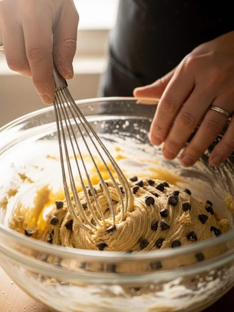 Mixing dough for Chocolate Chip Cookie Bars