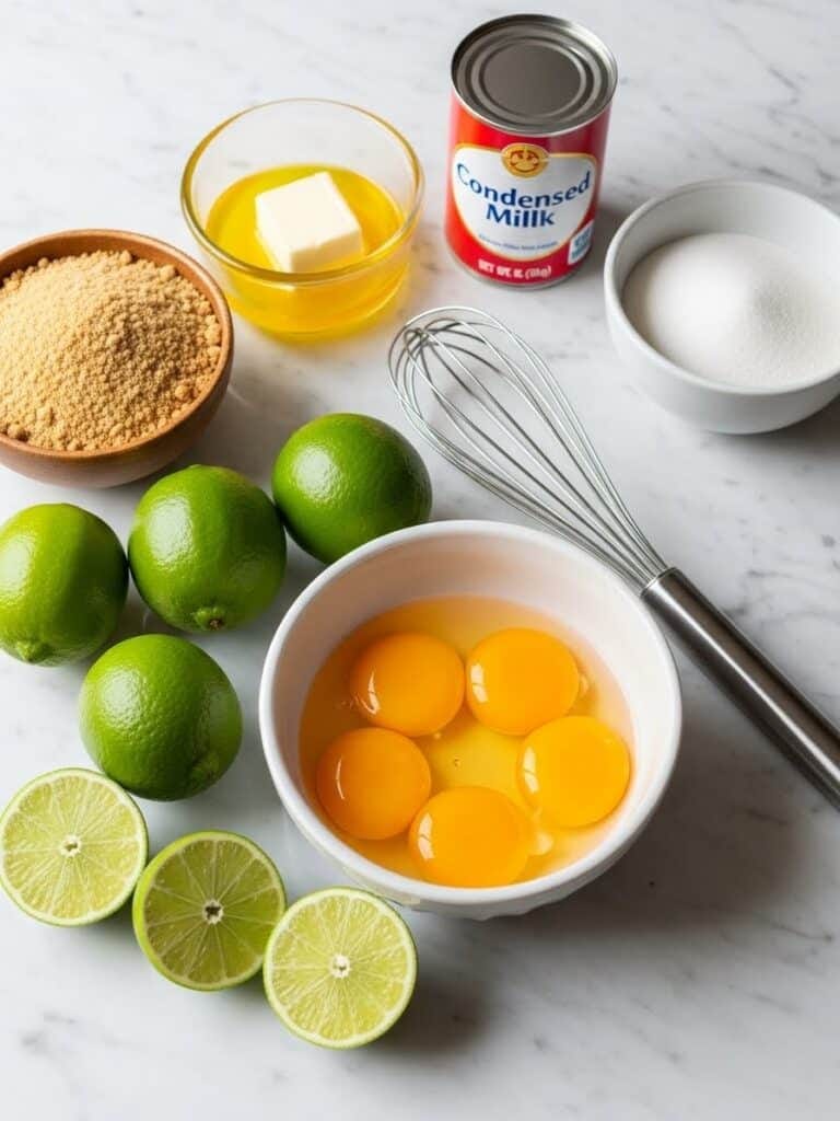 Key Lime Pie Bars ingredients flat lay with limes and graham crackers