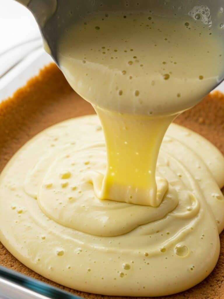 Pouring key lime filling over baked crust for Key Lime Pie Bars