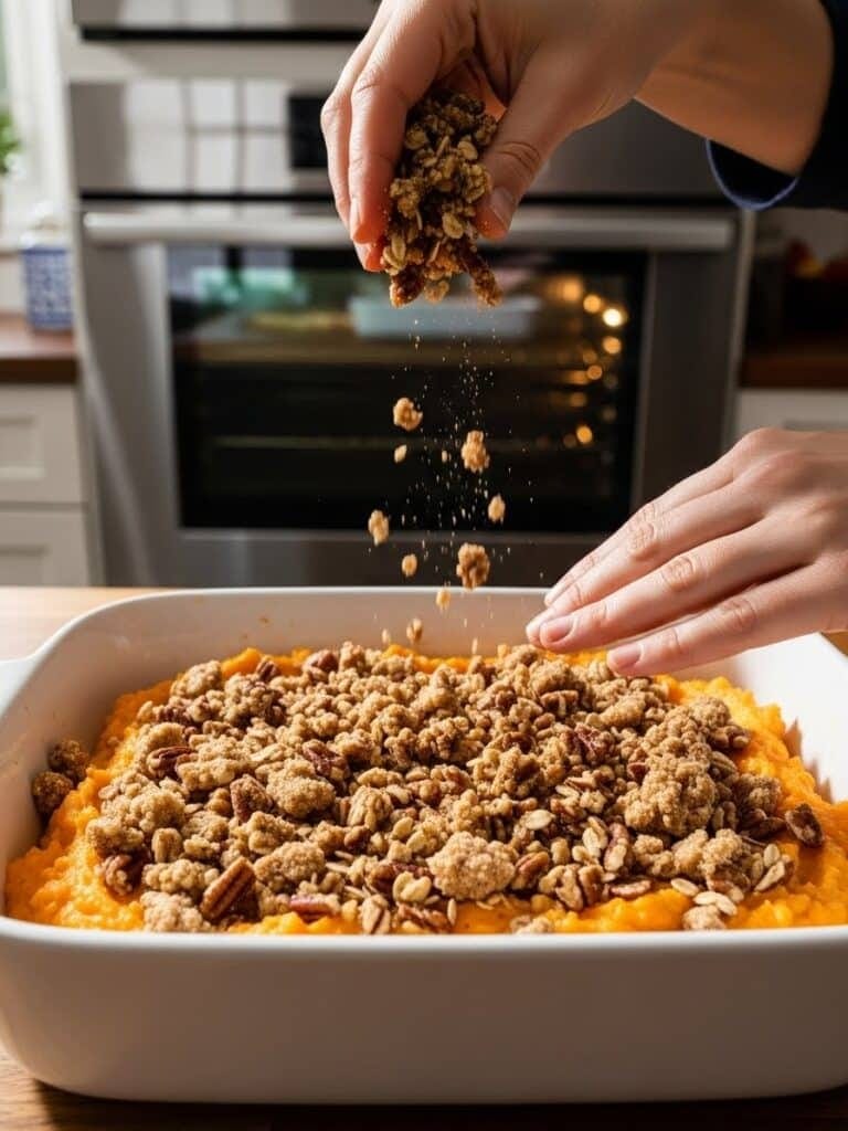 Sprinkling pecan topping over Sweet Potato Casserole before baking