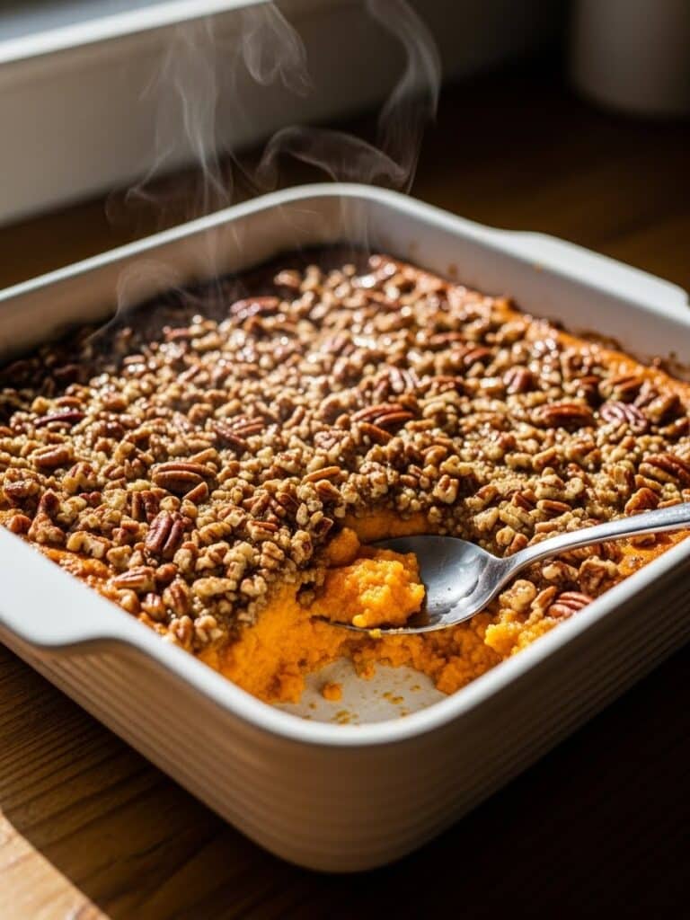 Freshly baked Sweet Potato Casserole resting on a wooden countertop