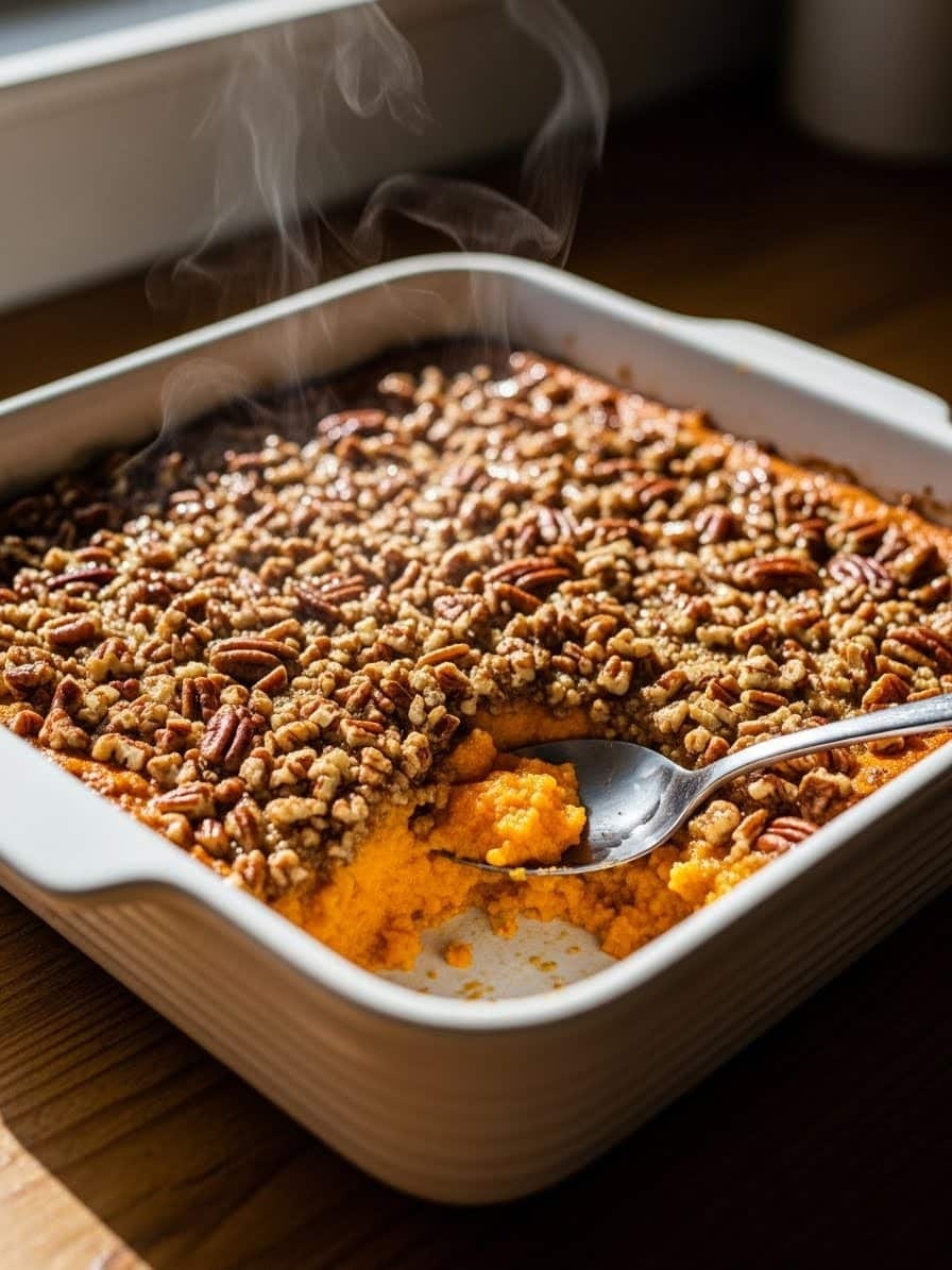 Freshly baked Sweet Potato Casserole resting on a wooden countertop