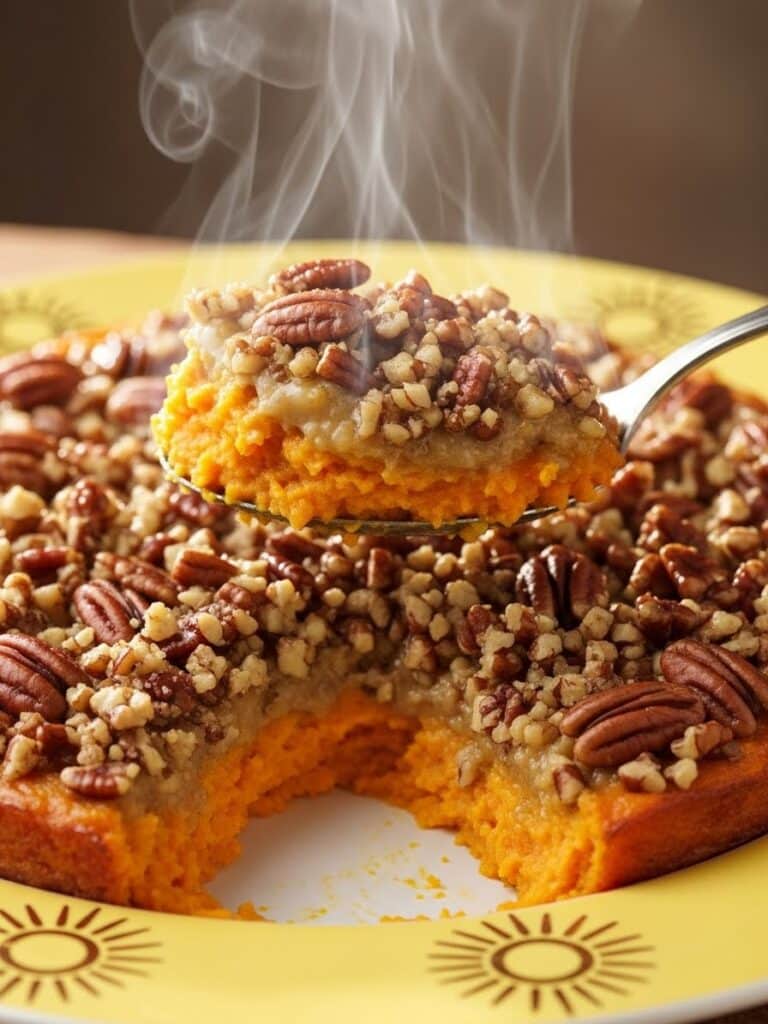 Serving Sweet Potato Casserole on a yellow plate with golden sunbursts in a cozy kitchen background