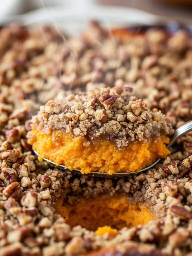 Close-up texture of Sweet Potato Casserole with golden pecan topping