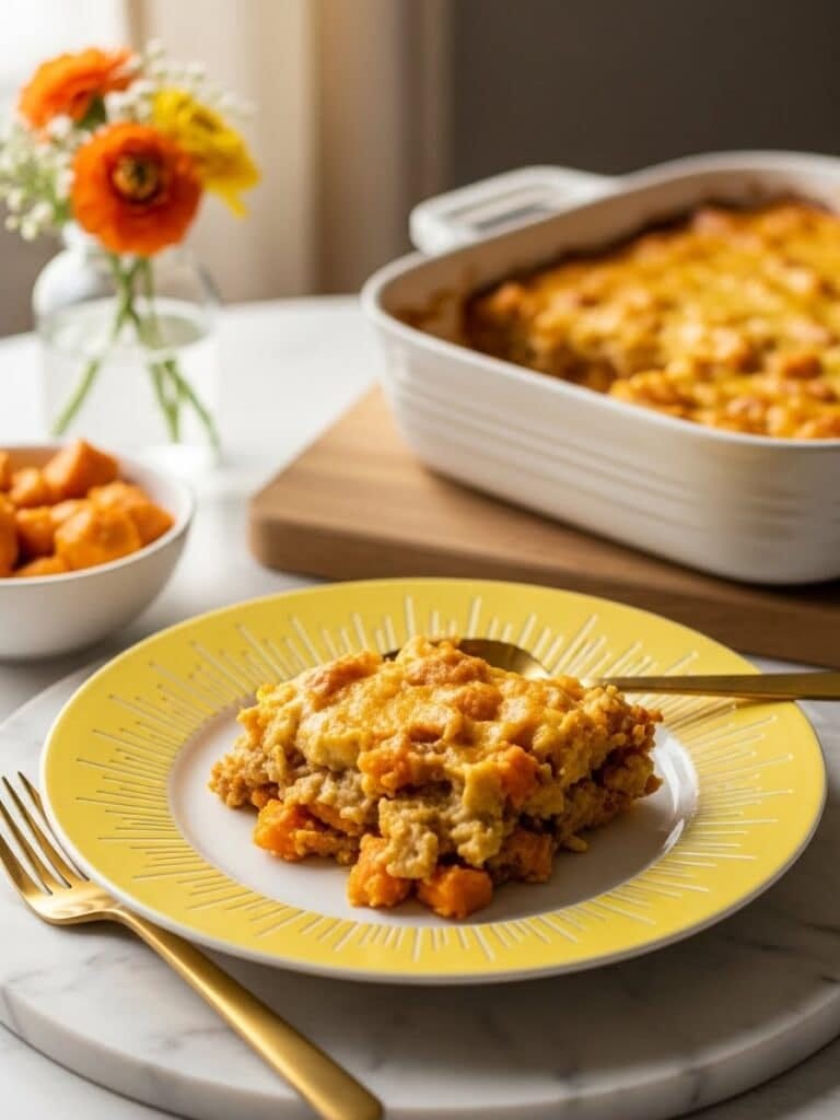 Sweet Potato Casserole served on a yellow sunburst-rimmed plate with green baking dish in the background