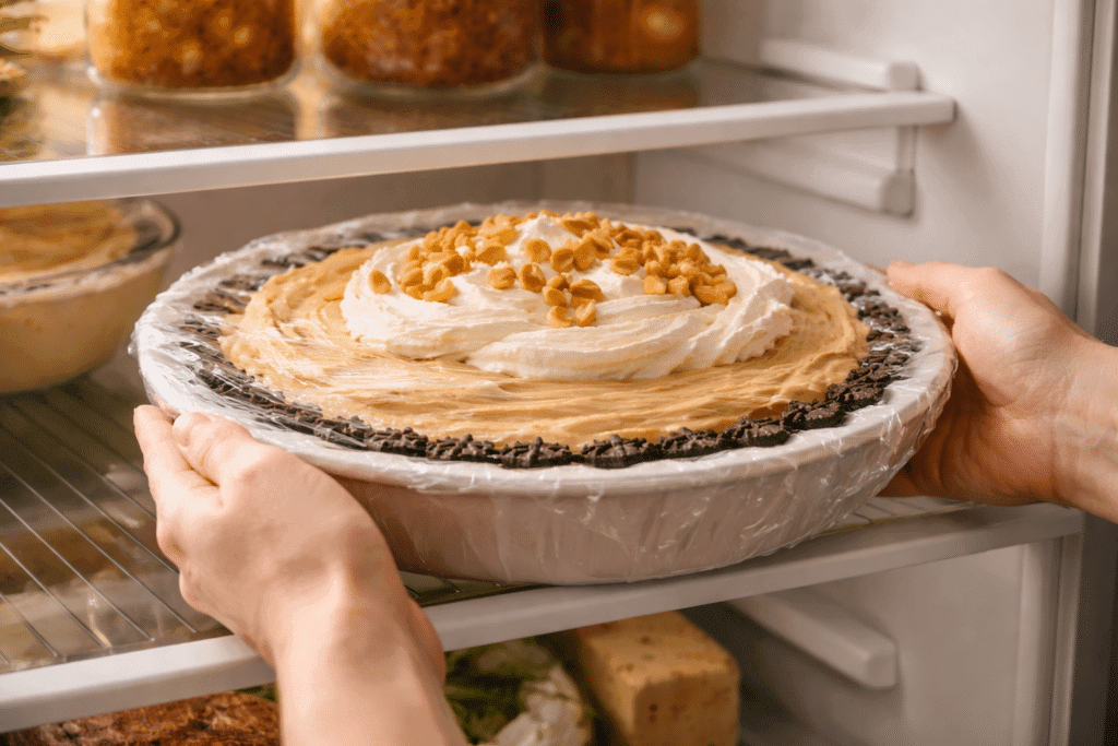 Chilling Peanut Butter Pie in the refrigerator